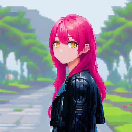 00948-2224-tree, 1girl, solo, jacket, pink hair, blurry, looking at viewer, outdoors, leather, long hair, grey eyes, black jacket, leather.png